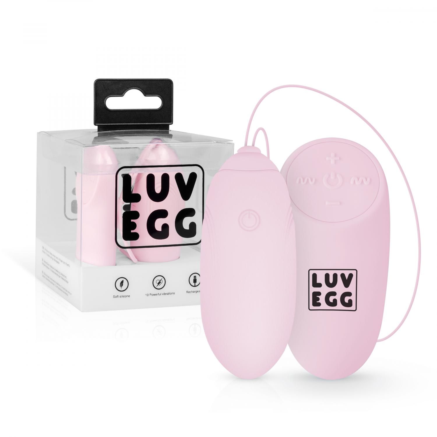 Roze LUV EGG vibratie-eitje met afstandsbediening naast de verpakking